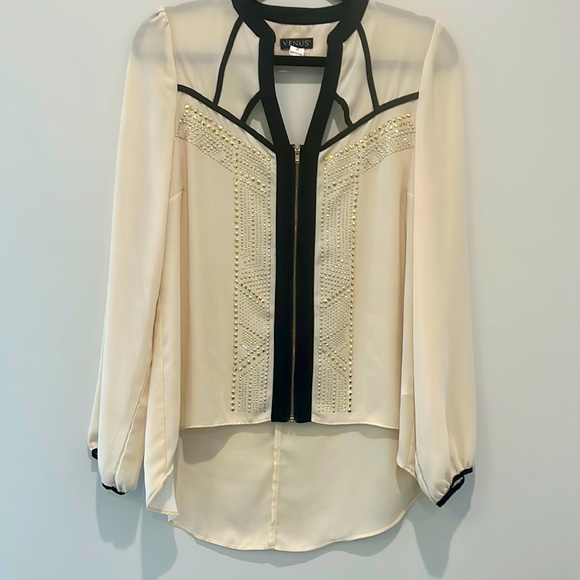 Venus Cream with Stappy Black Trim Embellished Gold open back Blouse Size M - Picture 1 of 5